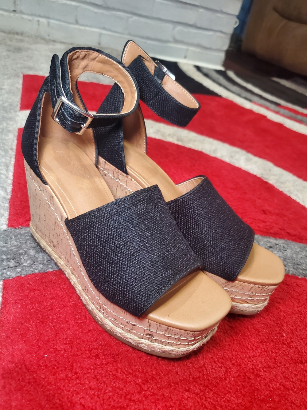 Universal Thread Black Fabric Wedge Sandals with Cork Platform